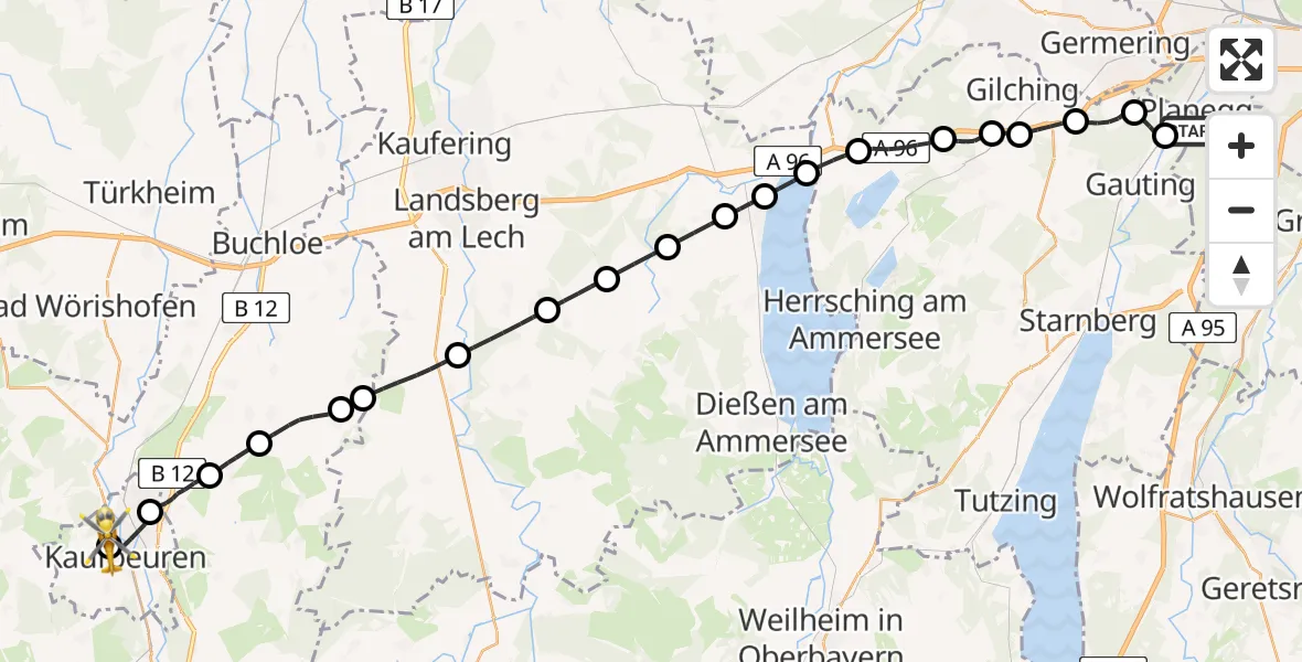 Flugroute Rettungshubschrauber Krailling - Ostallgäu-Kaufbeuren Hospital, 14 April 2026, 06:50
