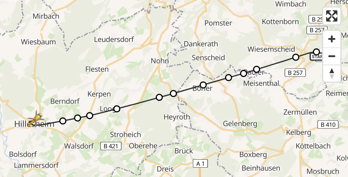 Flugroute Ambulanzhubschrauber Nürburgring Hubschrauberlandeplatz - Hillesheim, 14 April 2026, 06:54