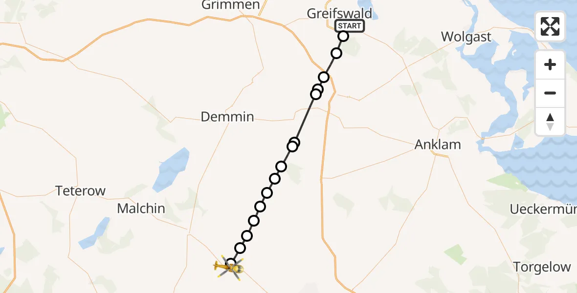 Flugroute Rettungshubschrauber Greifswald - Rosenow, 14 April 2026, 06:57