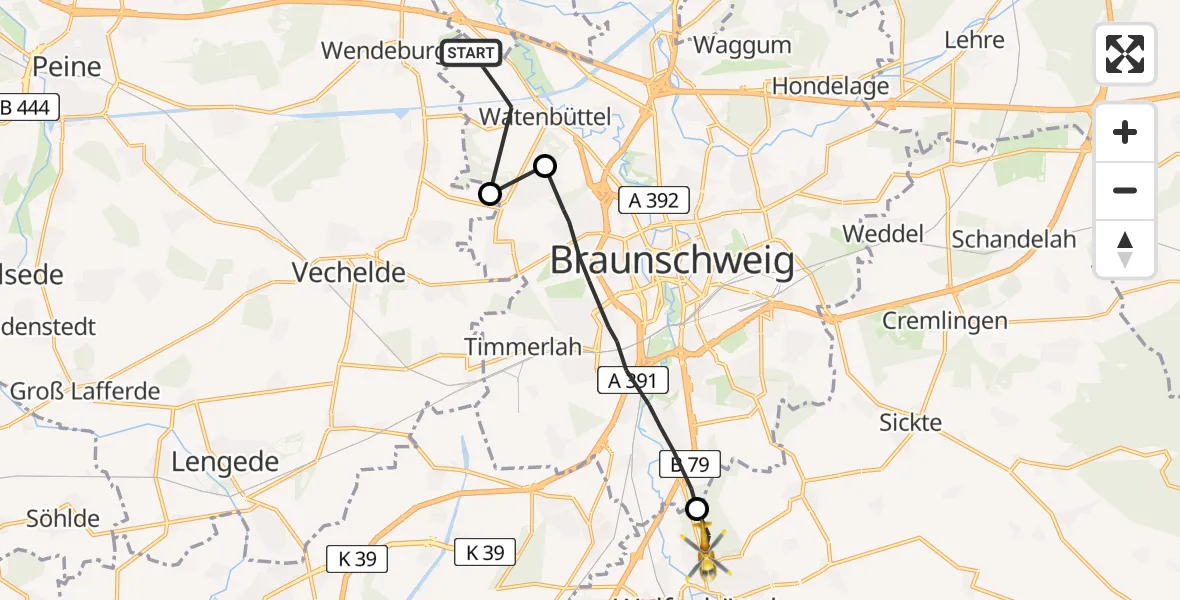 Flugroute Rettungshubschrauber Braunschweig - Wolfenbüttel Municipal Hospital Hubschrauberlandeplatz (Christoph 30), 14 April 2026, 07:06