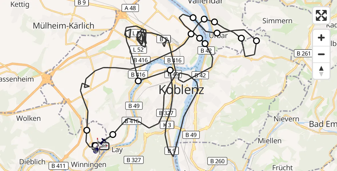 Flugroute Polizeihubschrauber Koblenz-Winningen Flugplatz - Koblenz-Winningen Flugplatz, 14 April 2026, 07:10