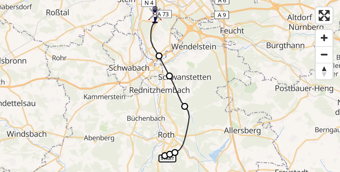 Flugroute Polizeihubschrauber Flugplatz Roth - Nürnberg, 14 April 2026, 07:25