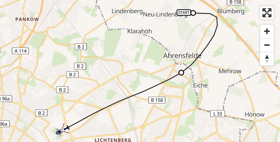 Flugroute Polizeihubschrauber Ahrensfelde Hubschrauberlandeplatz - Berlin, 14 April 2026, 07:38
