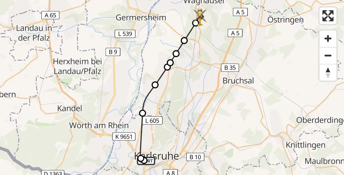 Flugroute Rettungshubschrauber Sankt Vincentius Hospital - Waghäusel, 14 April 2026, 07:45