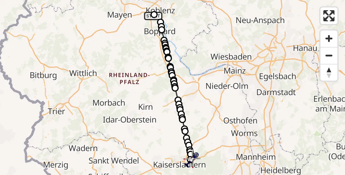 Flugroute Polizeihubschrauber Koblenz-Winningen Flugplatz - Enkenbach-Alsenborn, 14 April 2026, 07:47