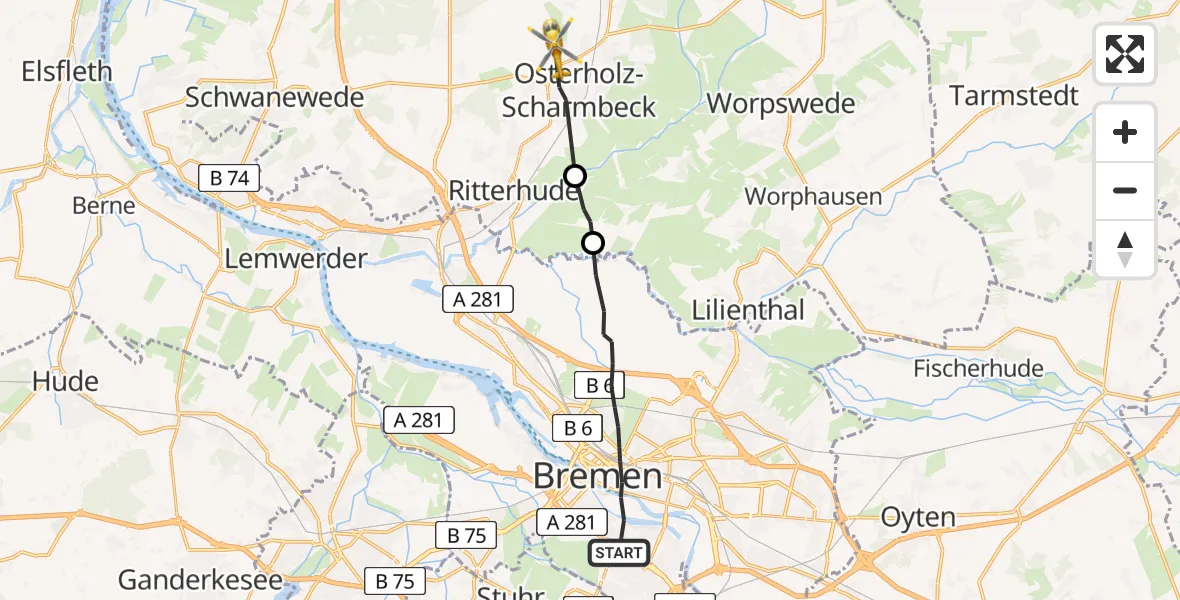 Flugroute Rettungshubschrauber Bremen - Osterholz-Scharmbeck, 14 April 2026, 07:56