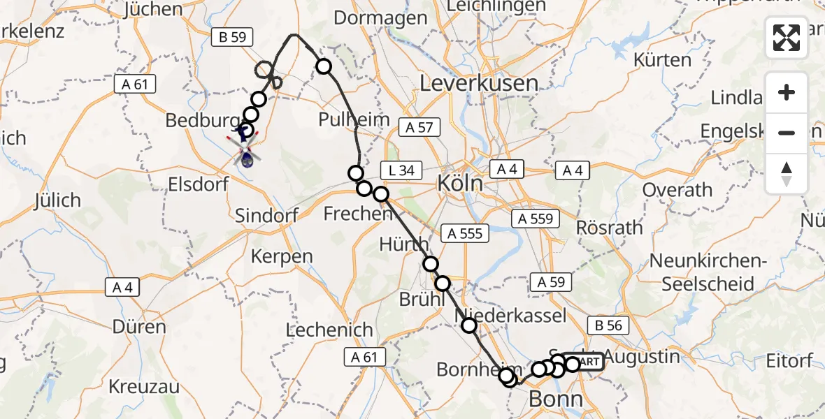 Flugroute Polizeihubschrauber Sankt Augustin - Bergheim, 14 April 2026, 07:57