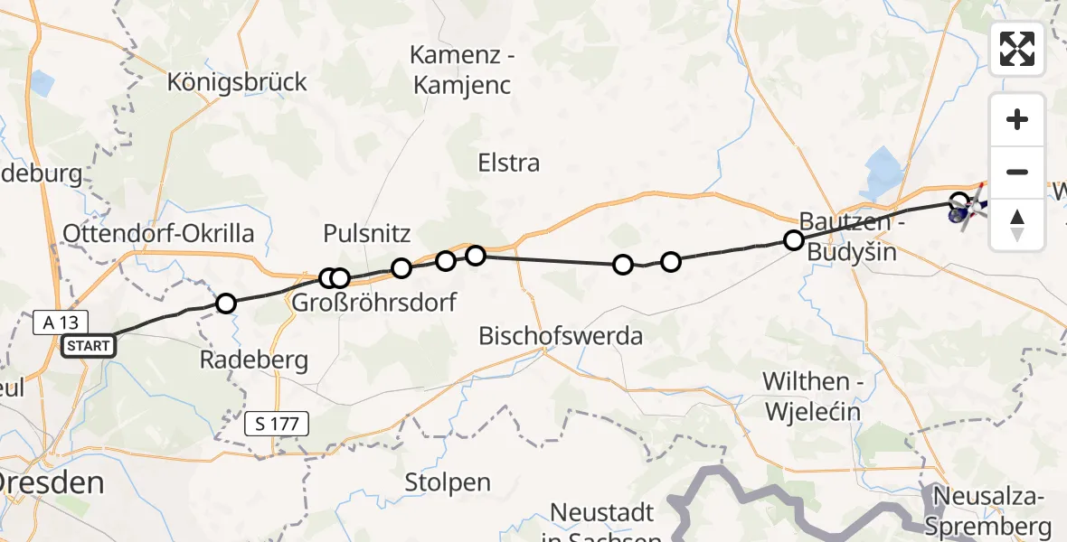 Flugroute Polizeihubschrauber Dresden - Kubschütz, 14 April 2026, 07:58