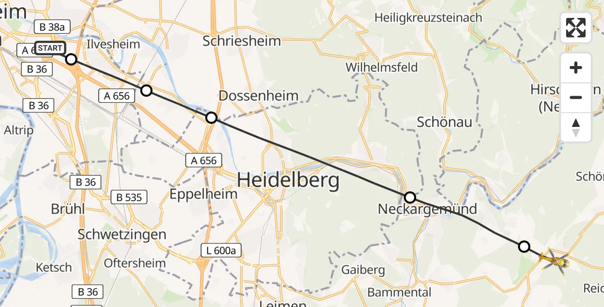 Flugroute Rettungshubschrauber Mannheim-City Flughafen - Lobbach, 14 April 2026, 07:58