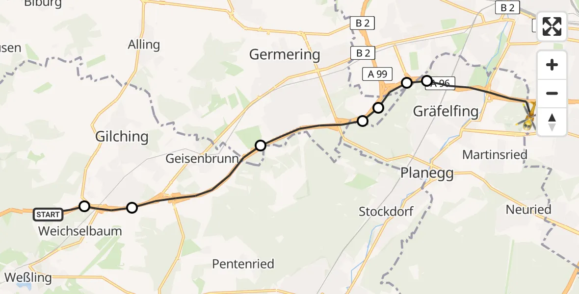 Flugroute Rettungshubschrauber Weßling - München, 14 April 2026, 07:59