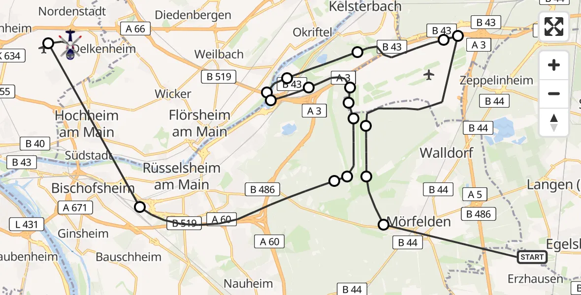 Flugroute Polizeihubschrauber Flughafen Frankfurt-Egelsbach - Wiesbaden Militärflugplatz, 14 April 2026, 08:01