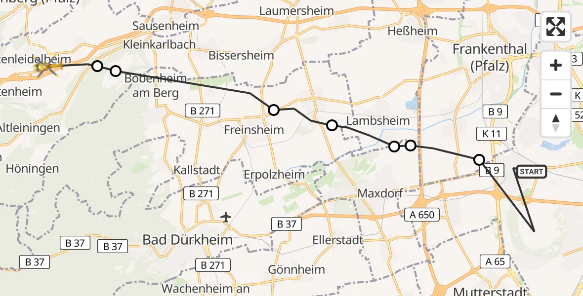Flugroute Rettungshubschrauber Ludwigshafen am Rhein - Hettenleidelheim, 14 April 2026, 08:08