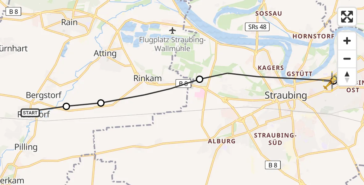 Flugroute Rettungshubschrauber Perkam - Sankt Elisabeth Hospital Straubing, 14 April 2026, 08:10