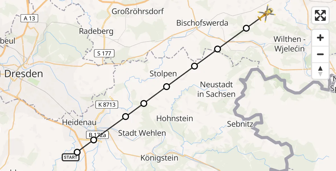 Flugroute Rettungshubschrauber Müglitztal - Doberschau-Gaußig, 14 April 2026, 08:14