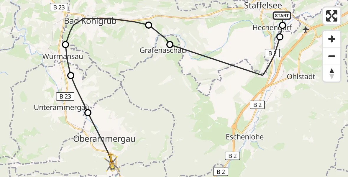 Flugroute Rettungshubschrauber Murnau Accident Hospital - Oberammergau, 14 April 2026, 08:24