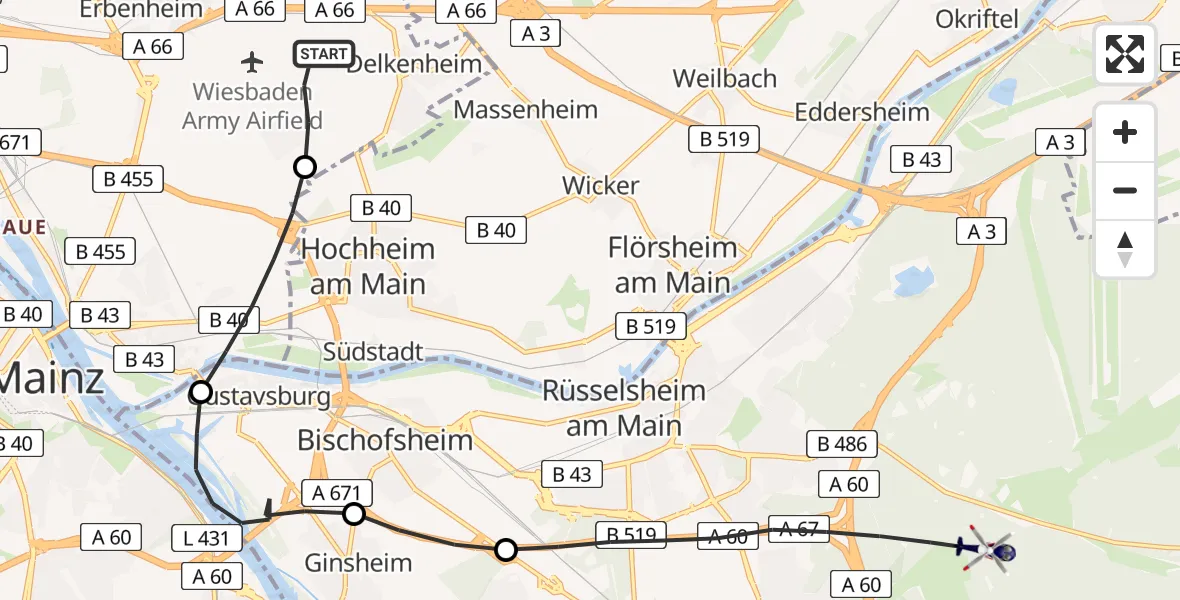 Flugroute Polizeihubschrauber Wiesbaden Militärflugplatz - Nauheim, 14 April 2026, 08:34
