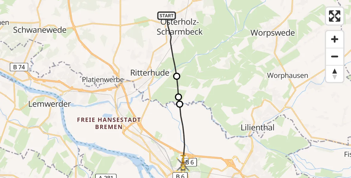 Flugroute Rettungshubschrauber Osterholz-Scharmbeck - Bremen, 14 April 2026, 08:38