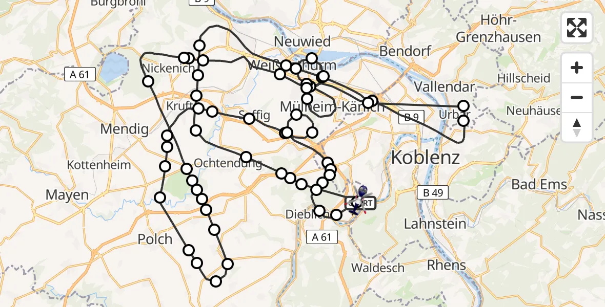 Flugroute Polizeihubschrauber Koblenz-Winningen Flugplatz - Koblenz-Winningen Flugplatz, 14 April 2026, 08:39