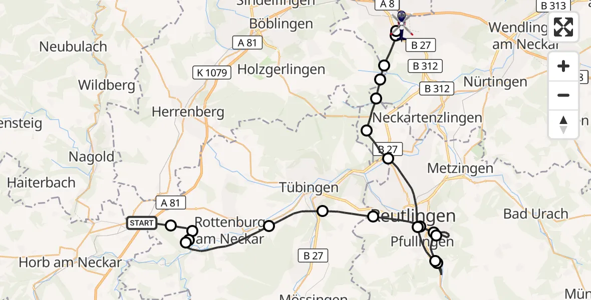 Flugroute Polizeihubschrauber Rottenburg am Neckar - Flughafen Stuttgart, 14 April 2026, 08:59