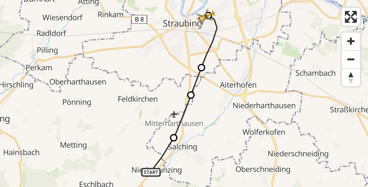 Flugroute Rettungshubschrauber Leiblfing - Sankt Elisabeth Hospital Straubing, 14 April 2026, 09:00