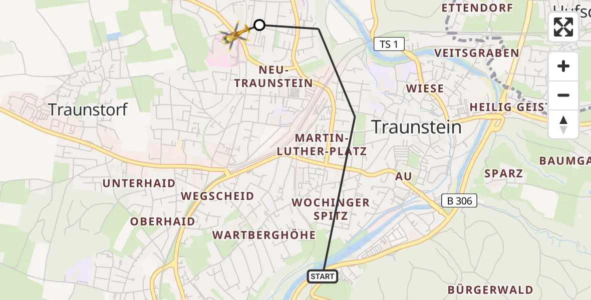 Flugroute Rettungshubschrauber Traunstein - Traunstein Hospital, 14 April 2026, 09:14