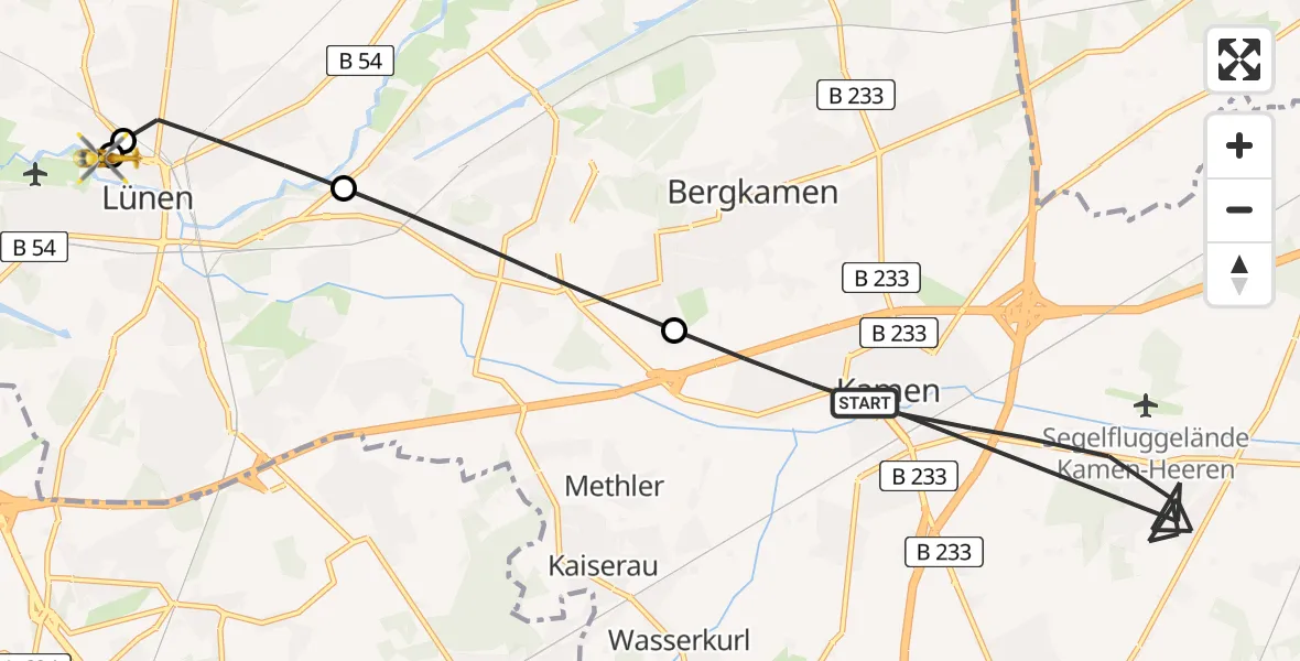 Flugroute Rettungshubschrauber Kamen - Sankt Marien Hospital, 14 April 2026, 09:20