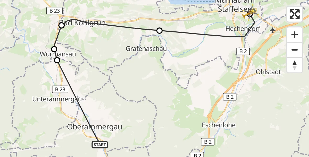 Flugroute Rettungshubschrauber Oberammergau - Murnau Accident Hospital, 14 April 2026, 09:22