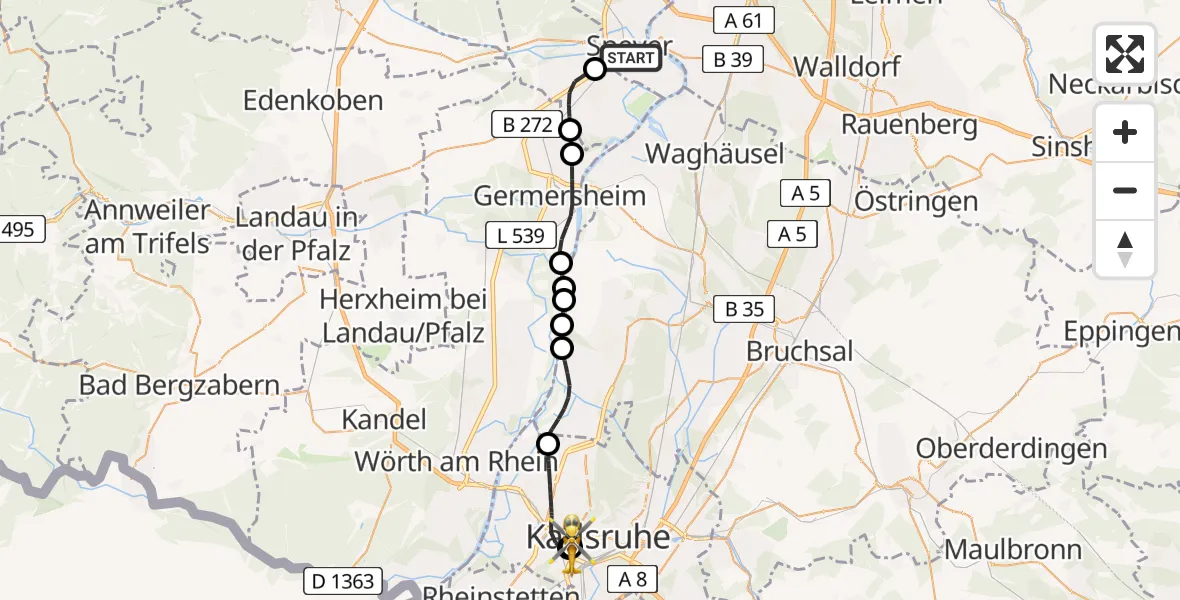 Flugroute Rettungshubschrauber Speyer - Sankt Vincentius Hospital, 14 April 2026, 09:26