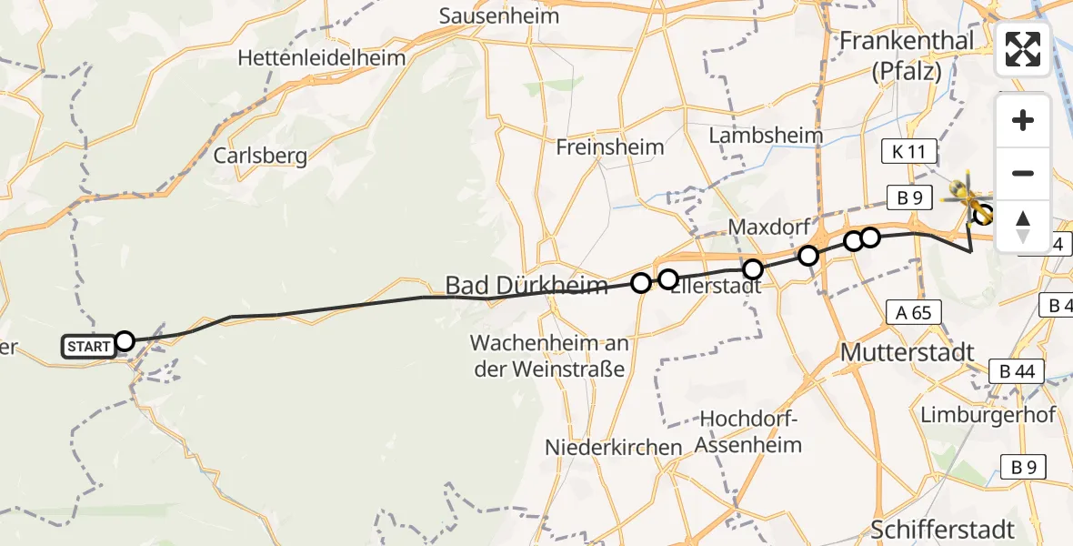 Flugroute Rettungshubschrauber Frankenstein - Ludwigshafen Accident Hospital Hubschrauberlandeplatz, 14 April 2026, 09:32