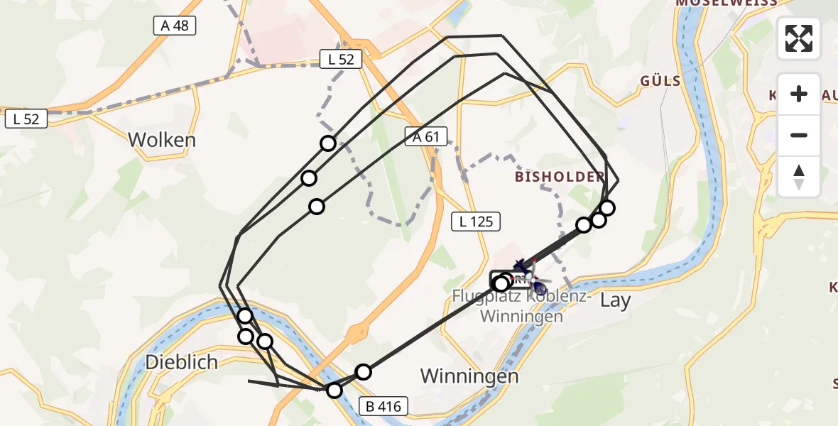 Flugroute Polizeihubschrauber Koblenz-Winningen Flugplatz - Koblenz-Winningen Flugplatz, 14 April 2026, 09:54