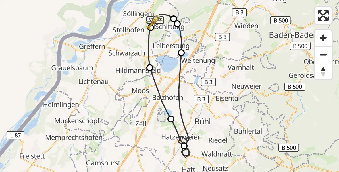 Flugroute Rettungshubschrauber Karlsruhe Baden-Baden Flughafen - Karlsruhe Baden-Baden Flughafen, 14 April 2026, 10:01