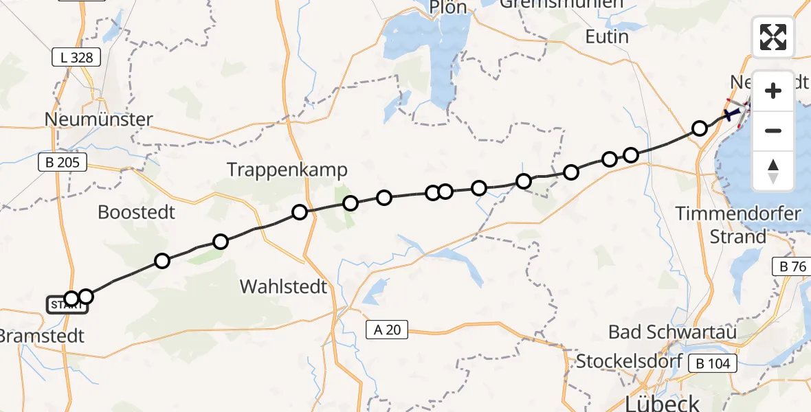 Flugroute Polizeihubschrauber Bimöhlen - Sierksdorf, 14 April 2026, 10:10