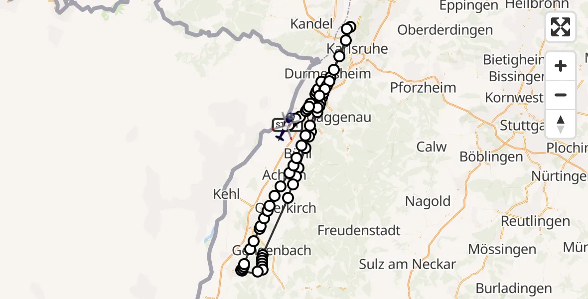 Flugroute Polizeihubschrauber Karlsruhe Baden-Baden Flughafen - Karlsruhe Baden-Baden Flughafen, 14 April 2026, 10:17