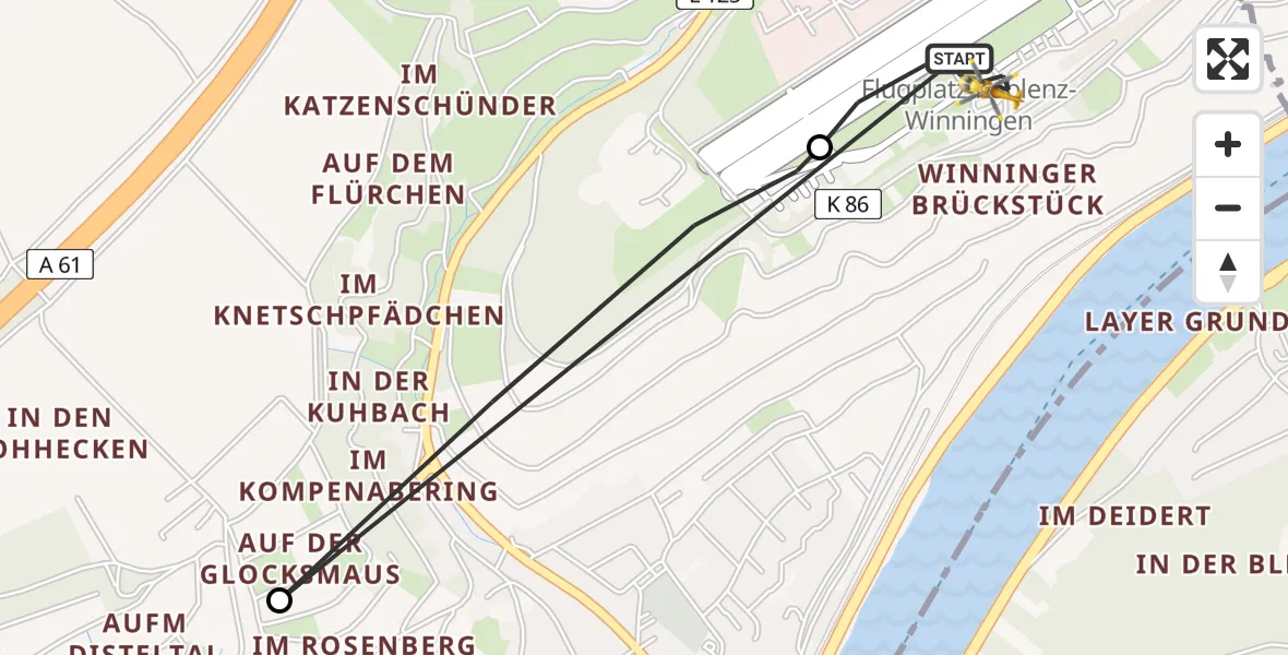Flugroute Ambulanzhubschrauber Koblenz-Winningen Flugplatz - Koblenz-Winningen Flugplatz, 14 April 2026, 10:21