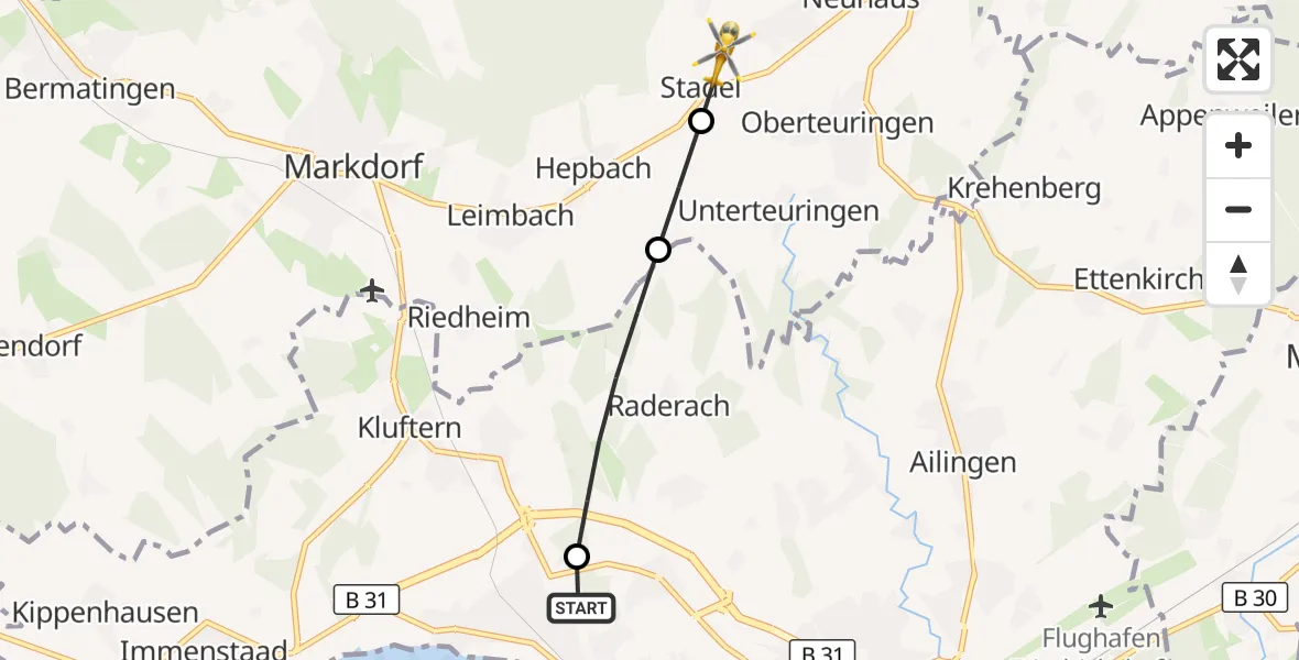 Flugroute Rettungshubschrauber Friedrichshafen Hospital - Markdorf, 14 April 2026, 10:31