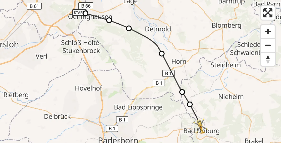 Flugroute Rettungshubschrauber Bielefeld - Bad Driburg, 14 April 2026, 10:39