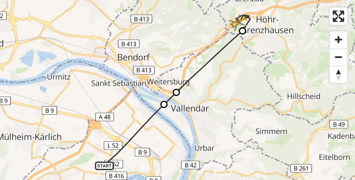 Flugroute Rettungshubschrauber Koblenz - Höhr-Grenzhausen, 14 April 2026, 10:46