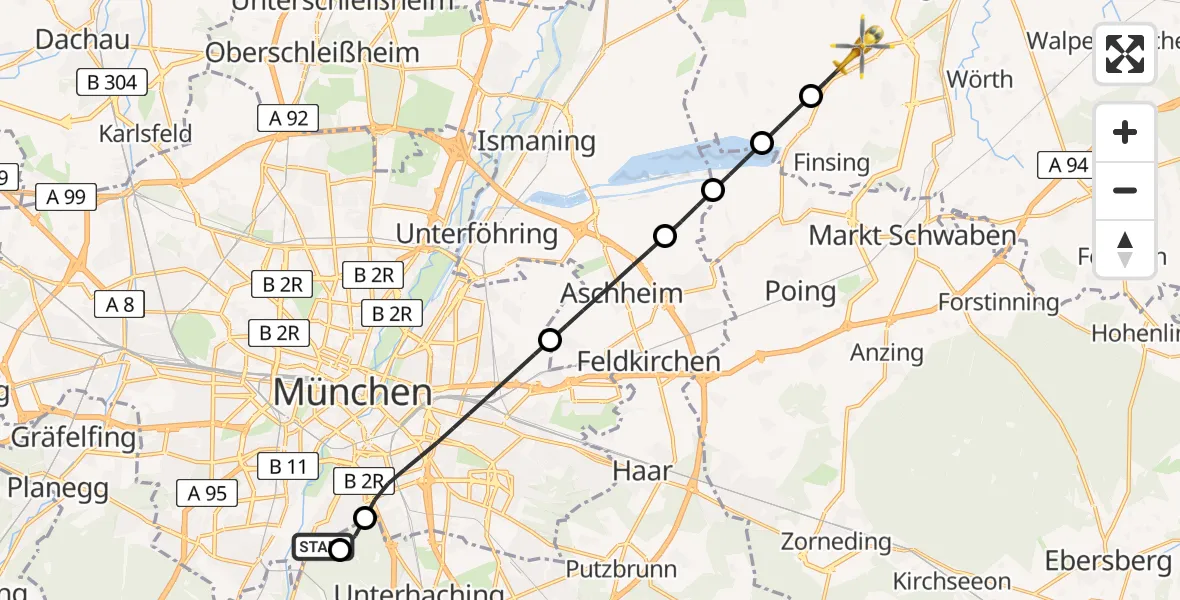 Flugroute Rettungshubschrauber ADAC Air Rescue Center Hubschrauberlandeplatz (Christoph 1) - Neuching, 14 April 2026, 11:06