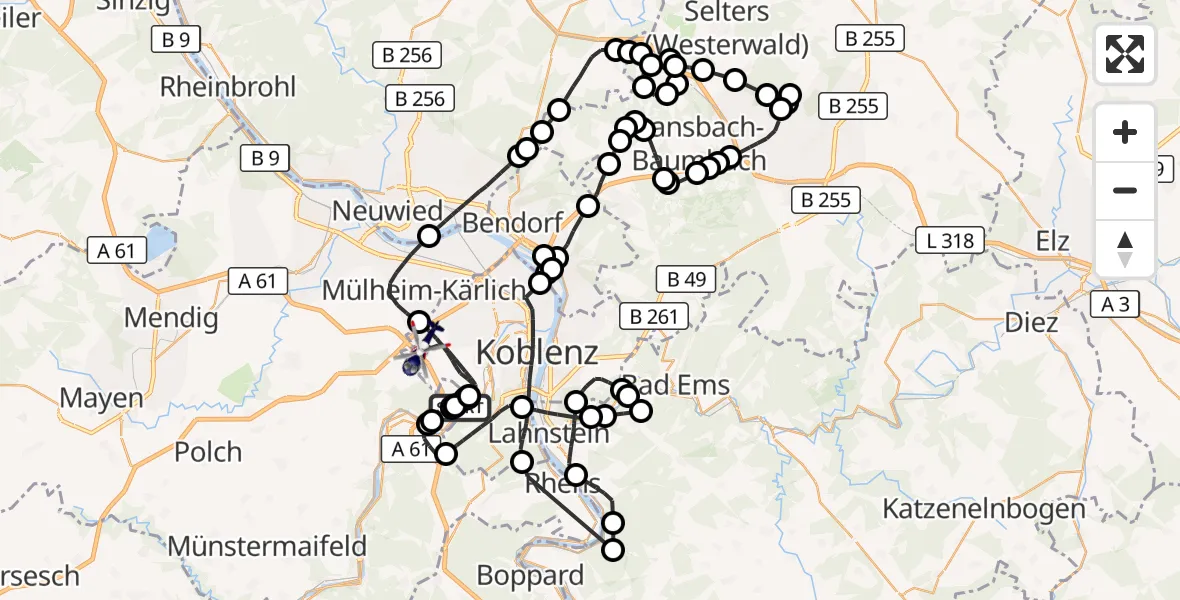 Flugroute Polizeihubschrauber Koblenz-Winningen Flugplatz - Koblenz, 14 April 2026, 11:30