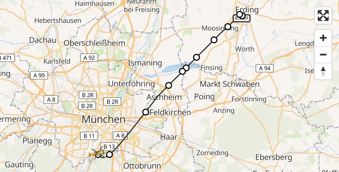 Flugroute Rettungshubschrauber Erding District Hospital - ADAC Air Rescue Center Hubschrauberlandeplatz (Christoph 1), 14 April 2026, 11:50