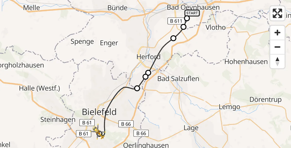 Flugroute Rettungshubschrauber Bad Oeynhausen - Luftrettungszentrum Bielefeld, 14 April 2026, 11:55