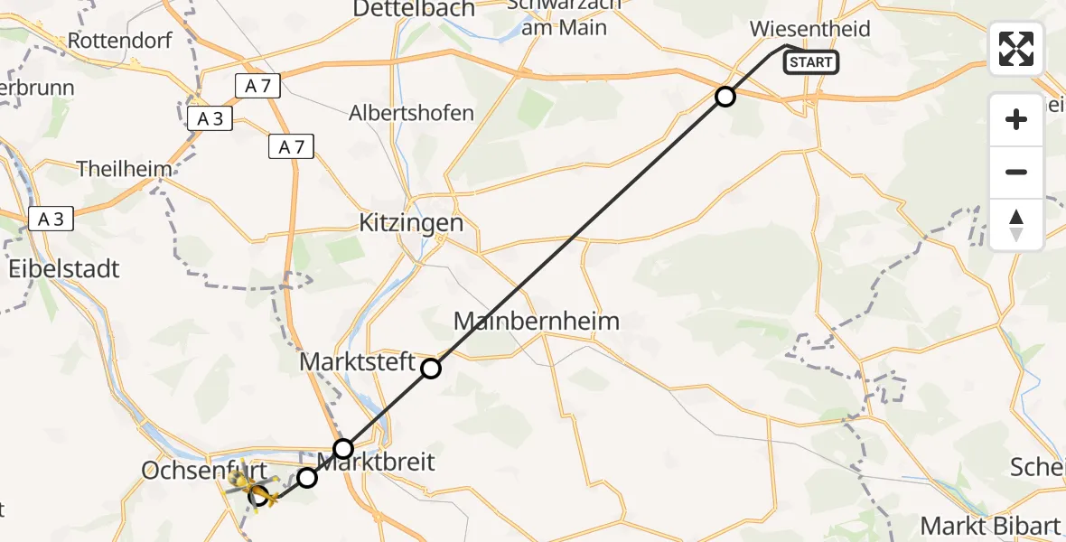 Flugroute Rettungshubschrauber Wiesentheid - Ochsenfurt Hospital, 14 April 2026, 12:10