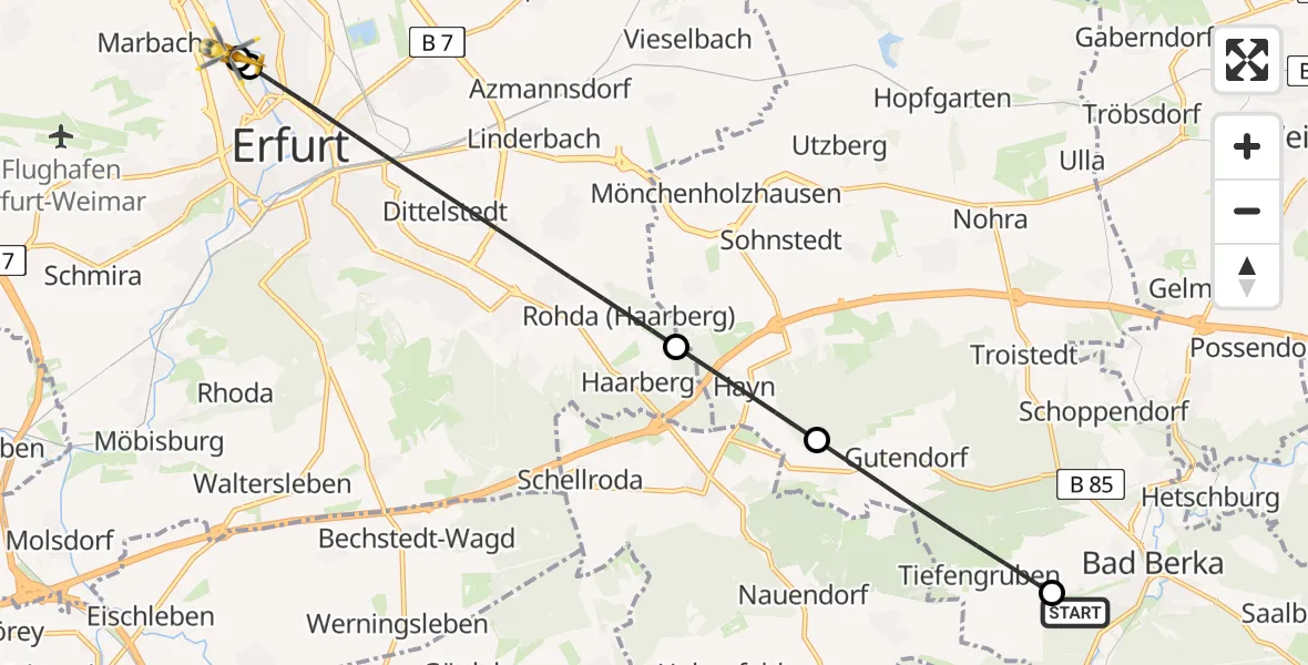Flugroute Ambulanzhubschrauber Bad Berka Central Hospital - Helios Clinic Erfurt, 14 April 2026, 12:22