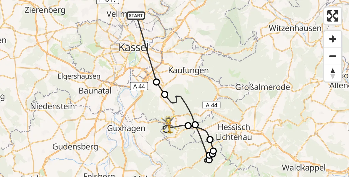 Flugroute Rettungshubschrauber Fuldatal Bundespolizei Hubschrauberlandeplatz - Söhrewald, 14 April 2026, 12:31