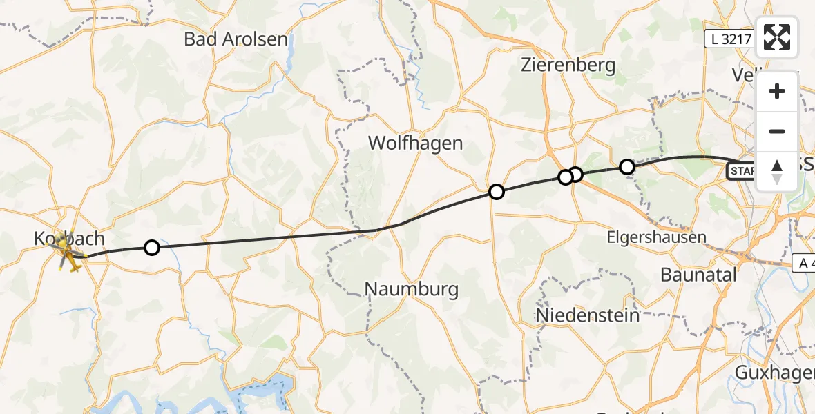 Flugroute Rettungshubschrauber Kassel - Korbach, 14 April 2026, 12:33