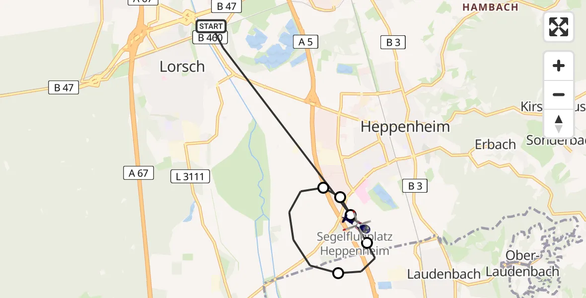 Flugroute Polizeihubschrauber Lorsch - Segelflugplatz Heppenheim, 14 April 2026, 12:35
