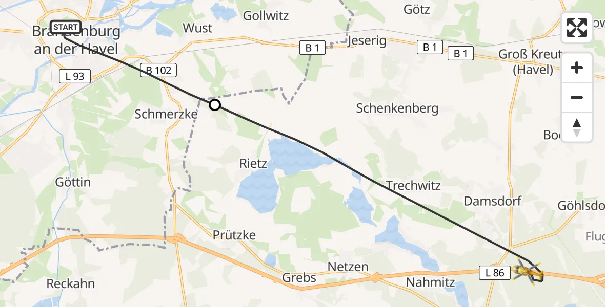 Flugroute Rettungshubschrauber Brandenburg an der Havel - Kloster Lehnin, 14 April 2026, 12:45