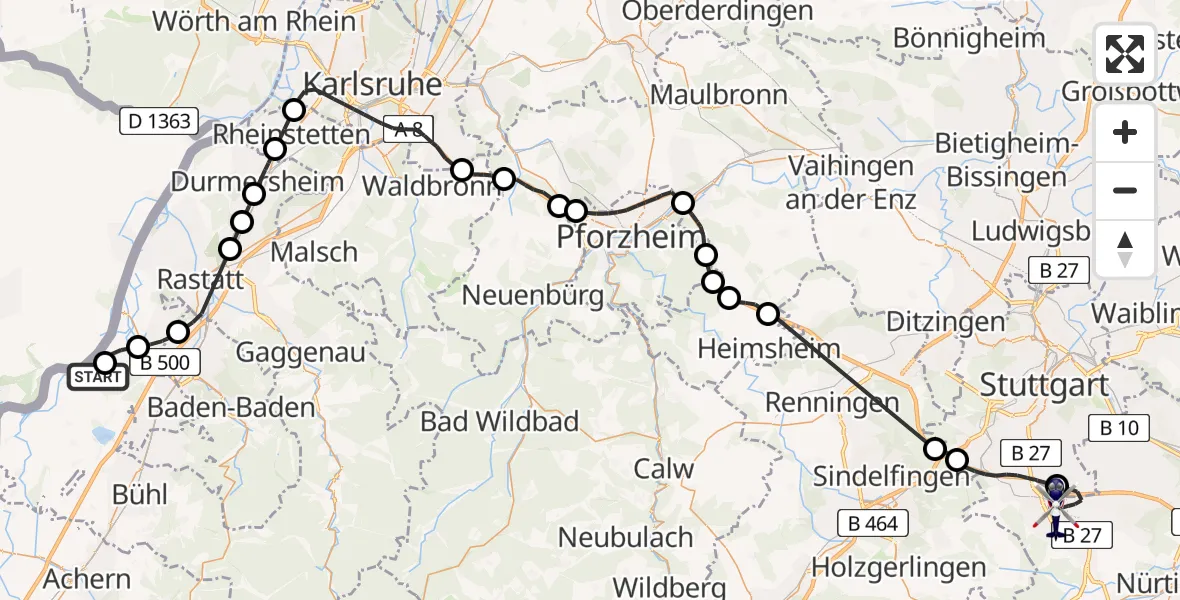 Flugroute Polizeihubschrauber Karlsruhe Baden-Baden Flughafen - Flughafen Stuttgart, 14 April 2026, 12:46