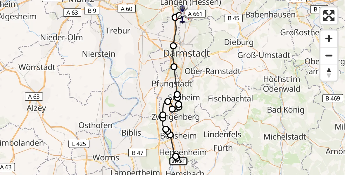 Flugroute Polizeihubschrauber Segelflugplatz Heppenheim - Flughafen Frankfurt-Egelsbach, 14 April 2026, 12:48