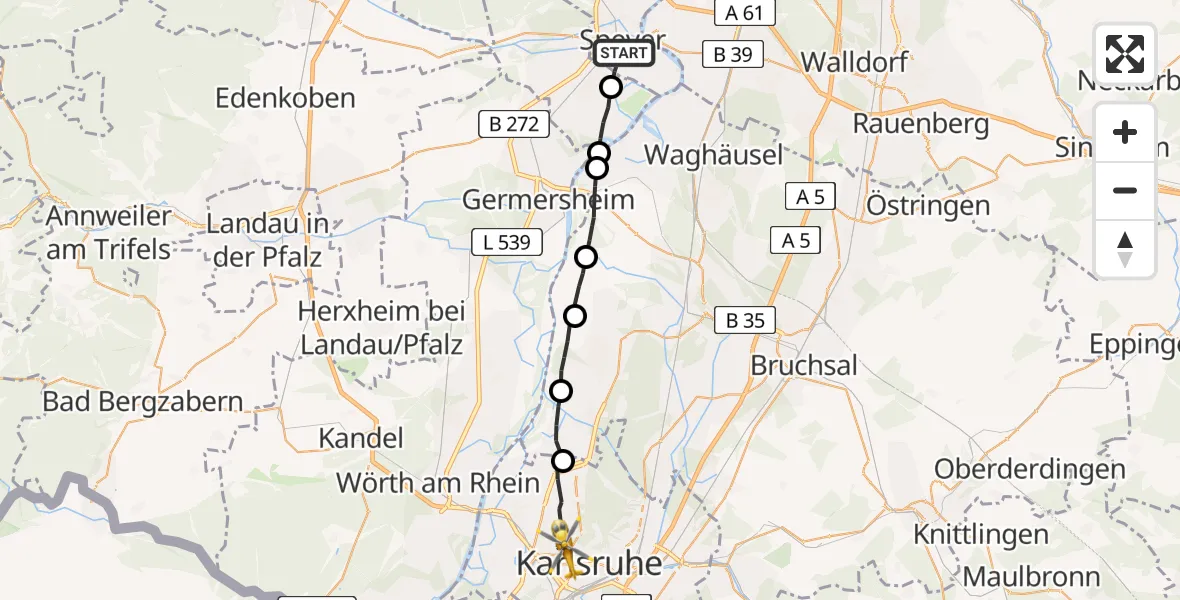 Flugroute Rettungshubschrauber Speyer - Karlsruhe, 14 April 2026, 12:52